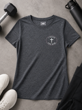 I Train For Him Women’s Performance Tee | Athletic Christian Workout Shirt | Heather Gray