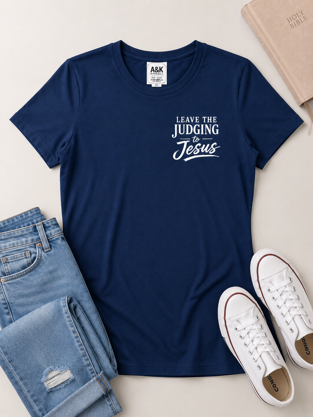 A&K Apparel “Leave the Judging to Jesus” Women’s Christian T-Shirt – Navy