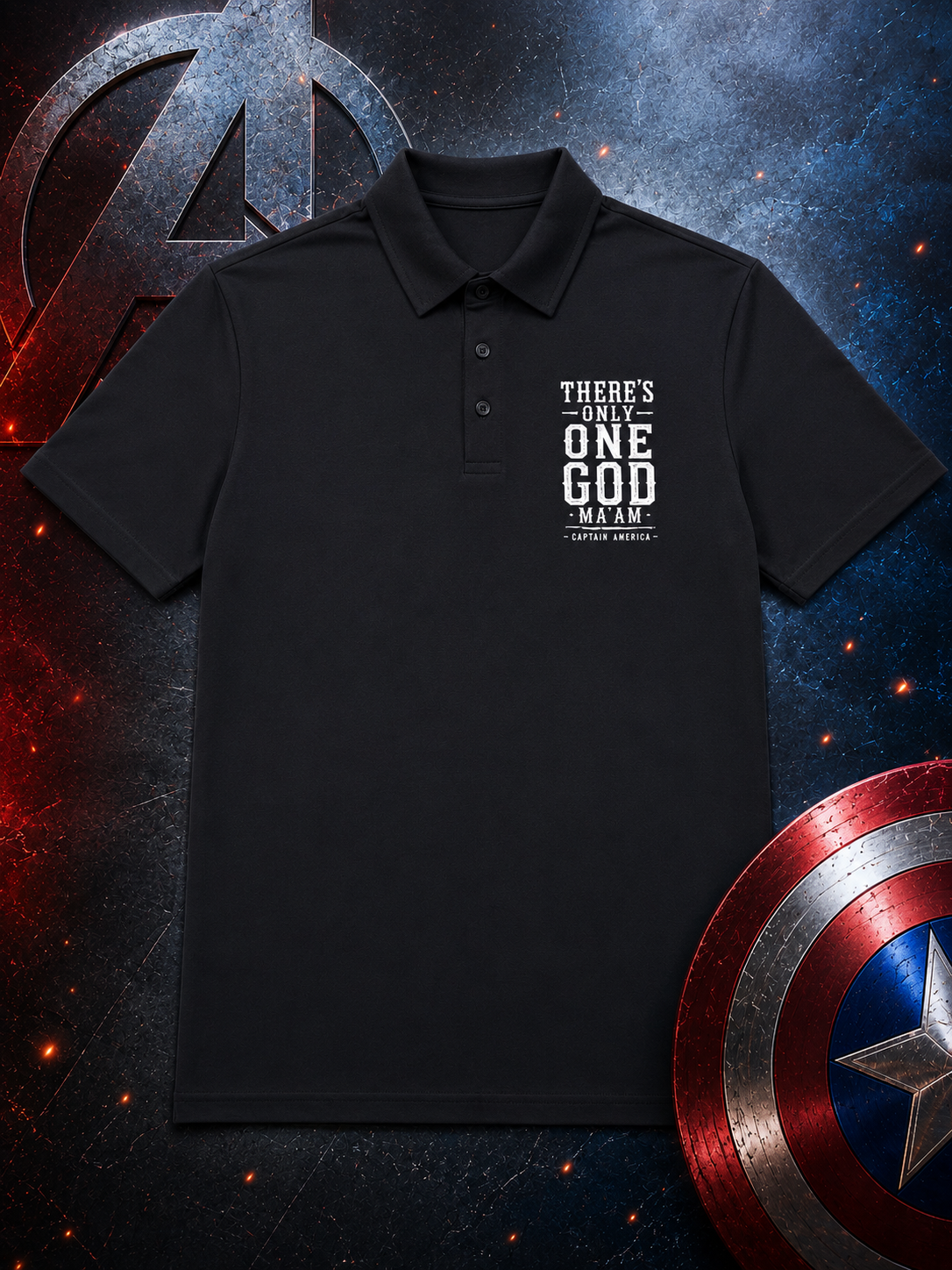 There’s Only One God Ma’am – Captain America Inspired Men’s Black Polo