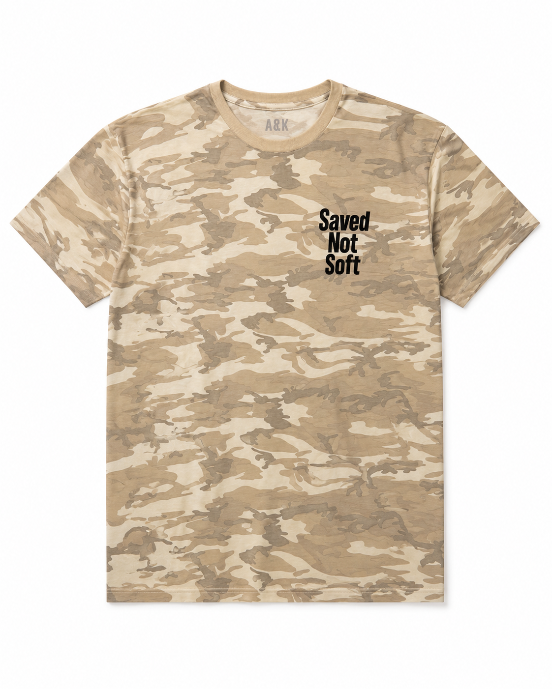 Saved Not Soft™ Men’s Desert Camo Faith T-Shirt | Premium Christian Graphic Tee