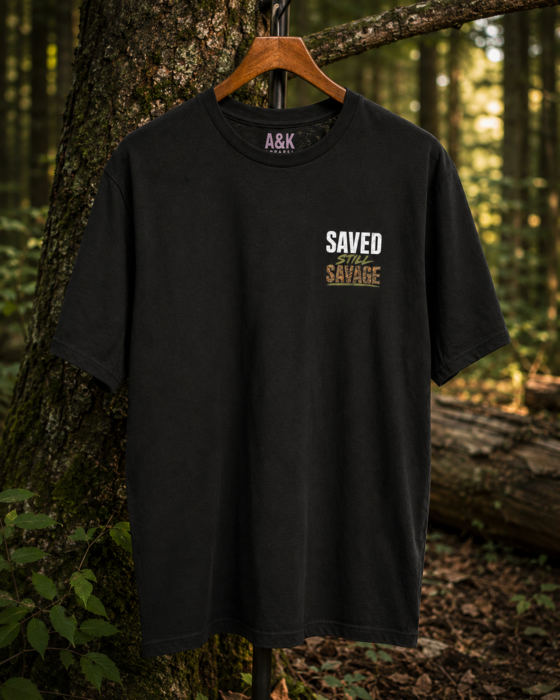 Saved Still Savage™ Men’s Black Faith T-Shirt | Premium Christian Graphic Tee | Woodland Edition