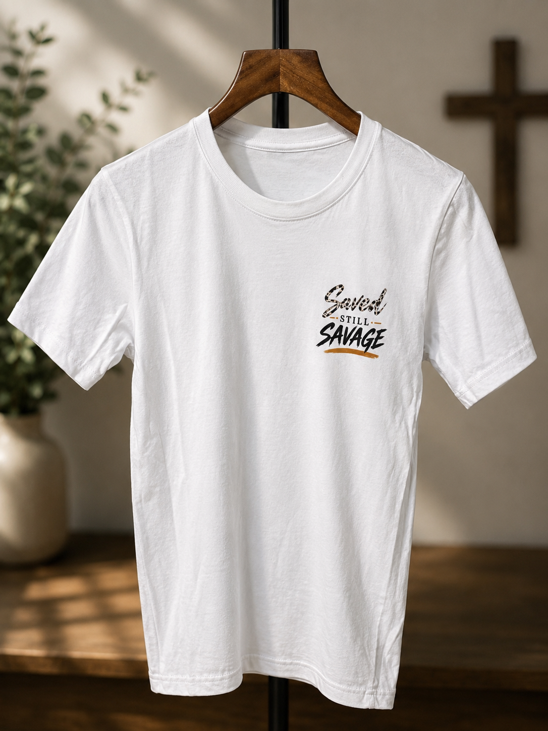 Saved Still Savage™ Women’s White Christian T-Shirt | Black, Gold & Leopard Print Faith Graphic Tee | A&K Apparel