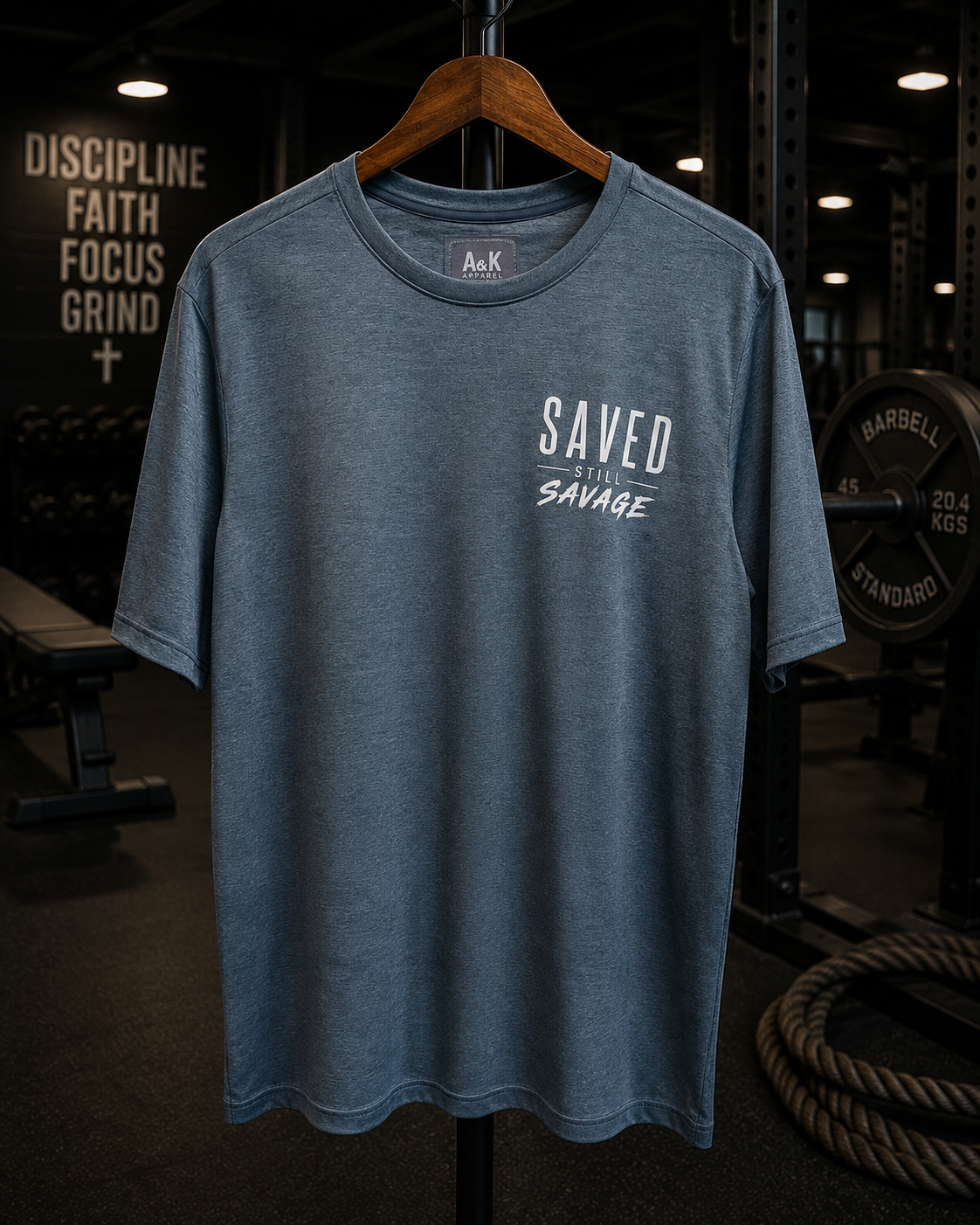 Saved Still Savage™ Men’s Performance Tee – Heather Steel Blue