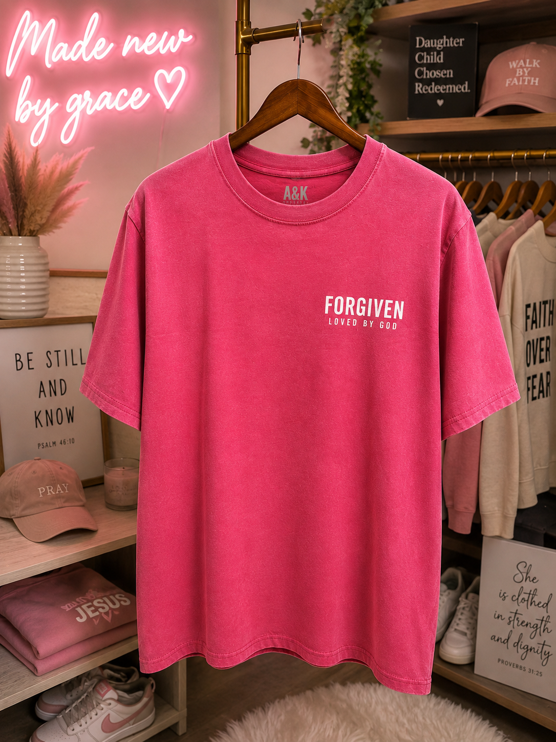 Forgiven Loved by God – Women’s Vintage Pink Faith Tee