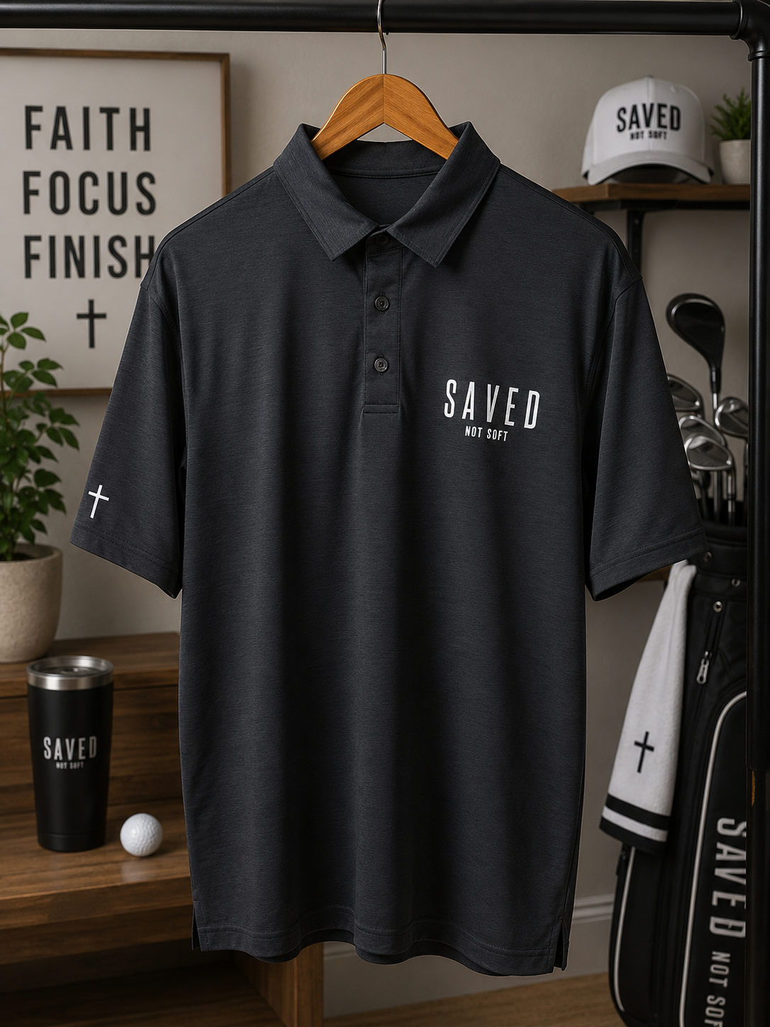 Saved Not Soft – Premium Performance Golf Polo | Midnight Charcoal