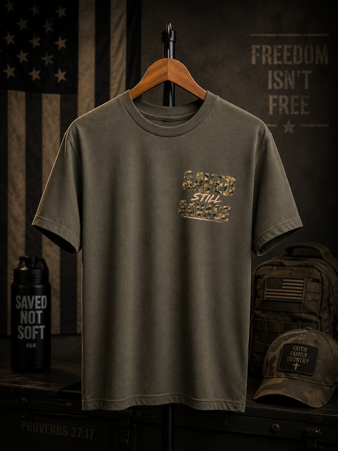 Saved Still Savage – Military Camo Faith Tee | Olive