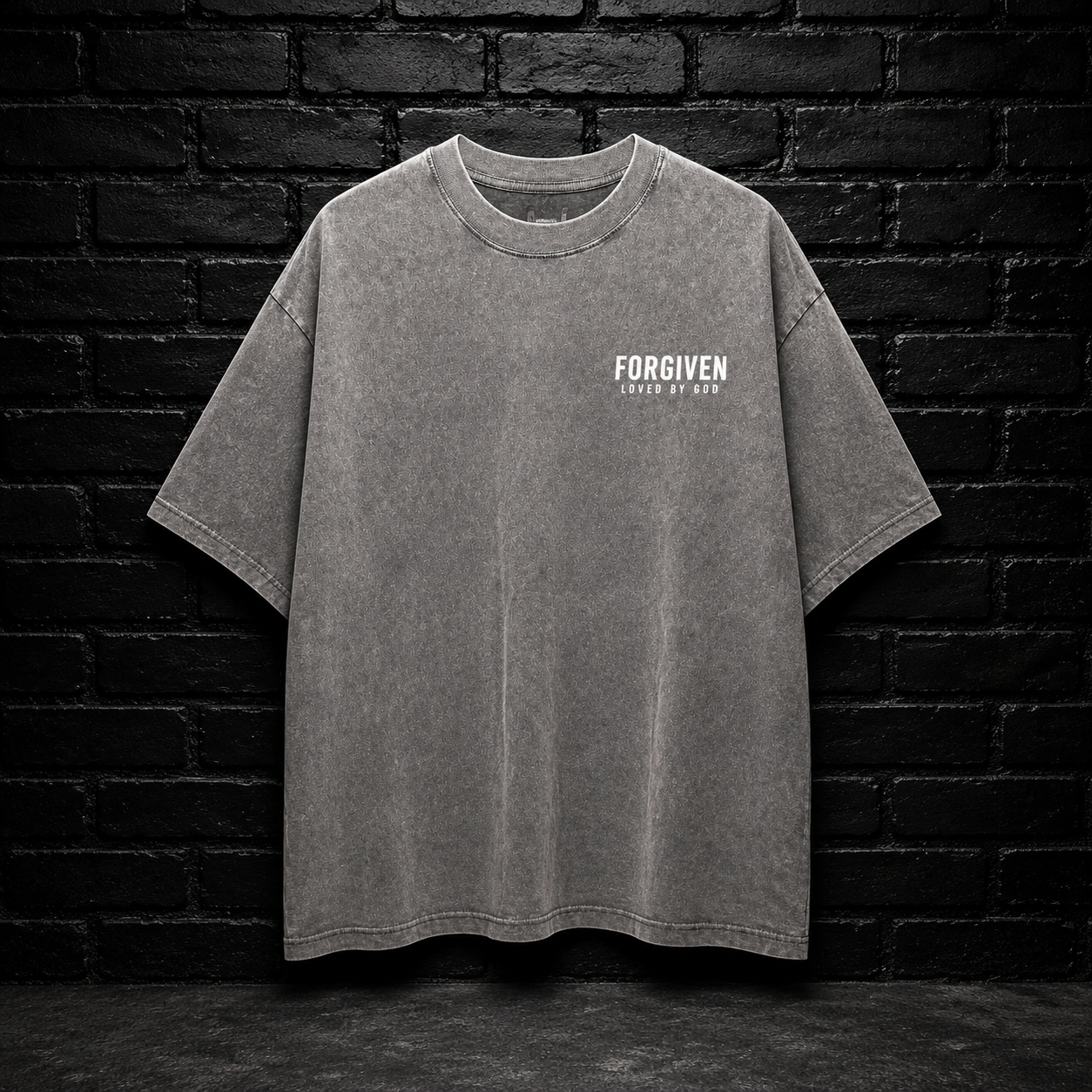 Forgiven Loved by God — Grey Acid Wash Streetwear Tee